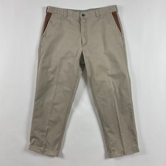 Orvis Zambezi Twill Pants Mens 38 x 29 Khaki Cotton with Leather Trim Cuffed - Picture 1 of 12